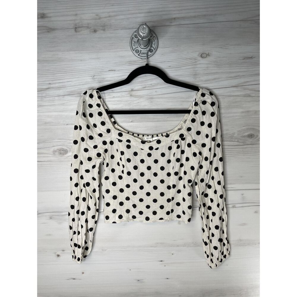 Blu Pepper Polka Dot Square Neck Crop Blouse Ivory Black Long Sleeve Small S